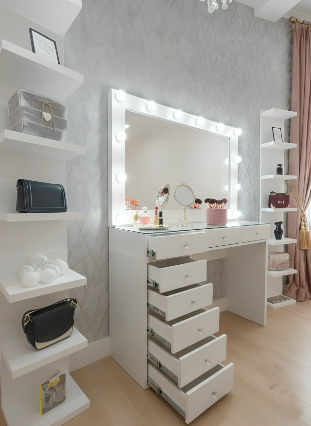 Tocador moderno blanco con espejo LED, mesa de maquillaje con 8 cajones