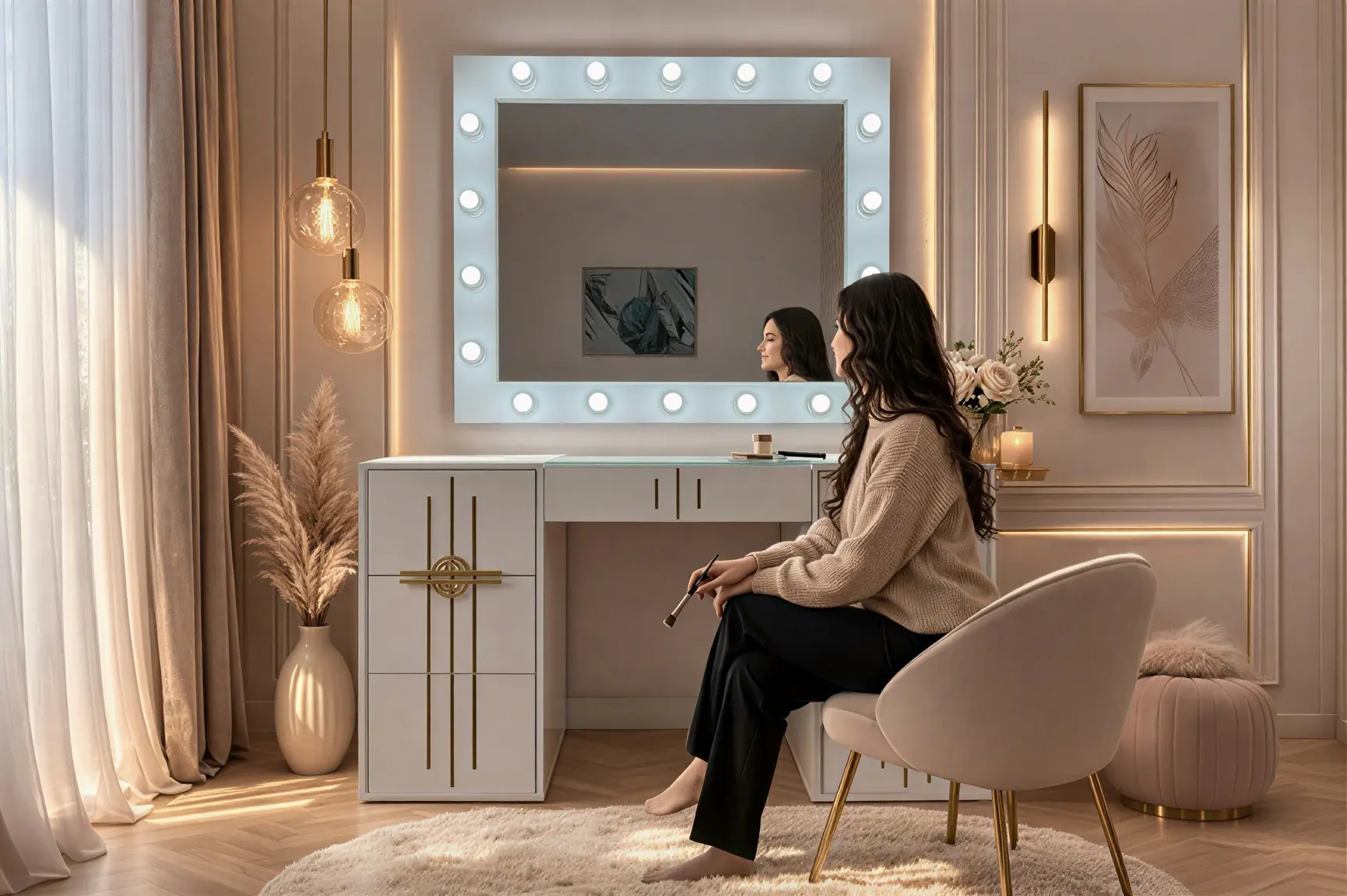 Tocador Blanco Glam con Detalles Dorados