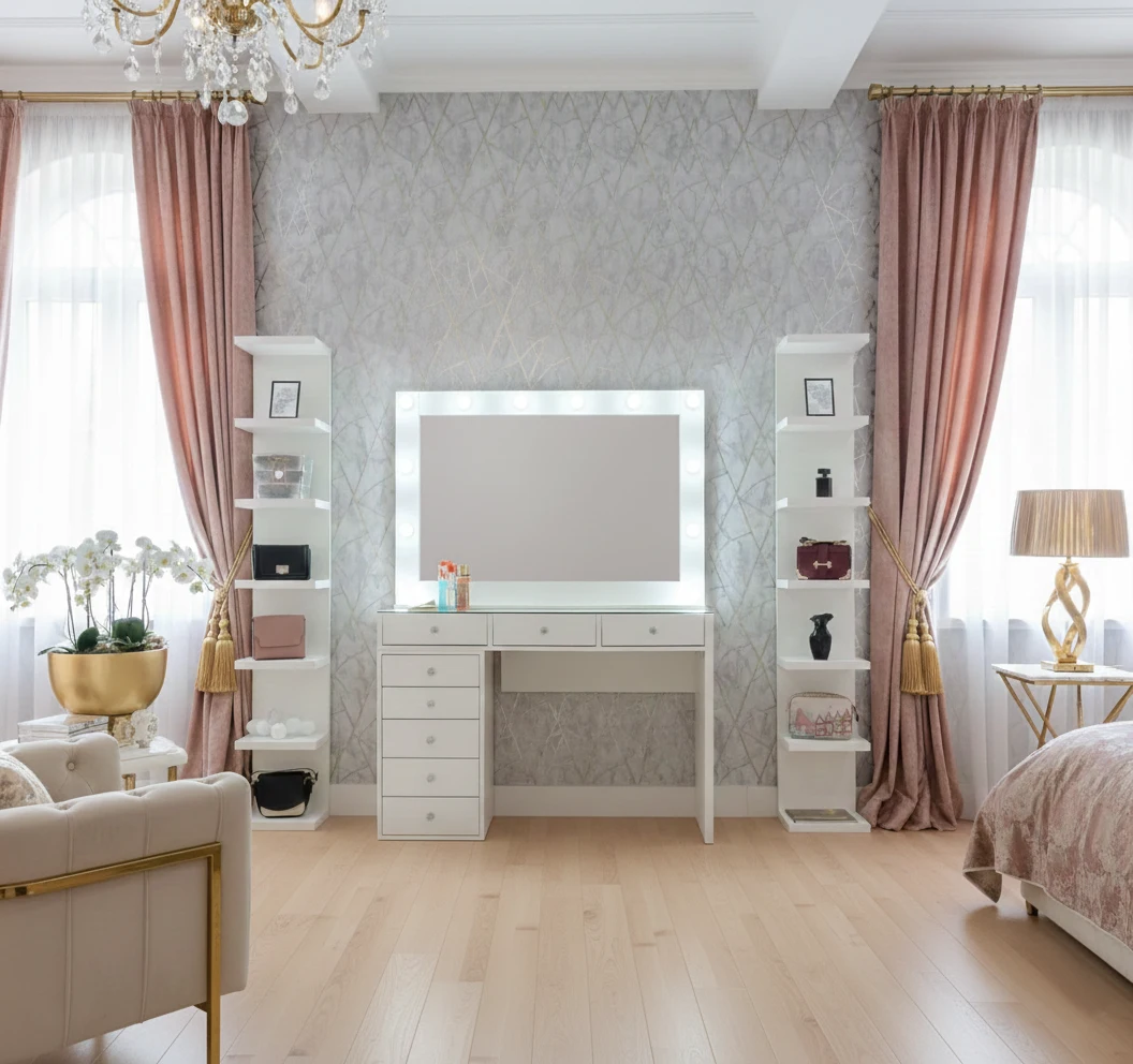 Tocador moderno blanco con espejo LED, mesa de maquillaje con 8 cajones