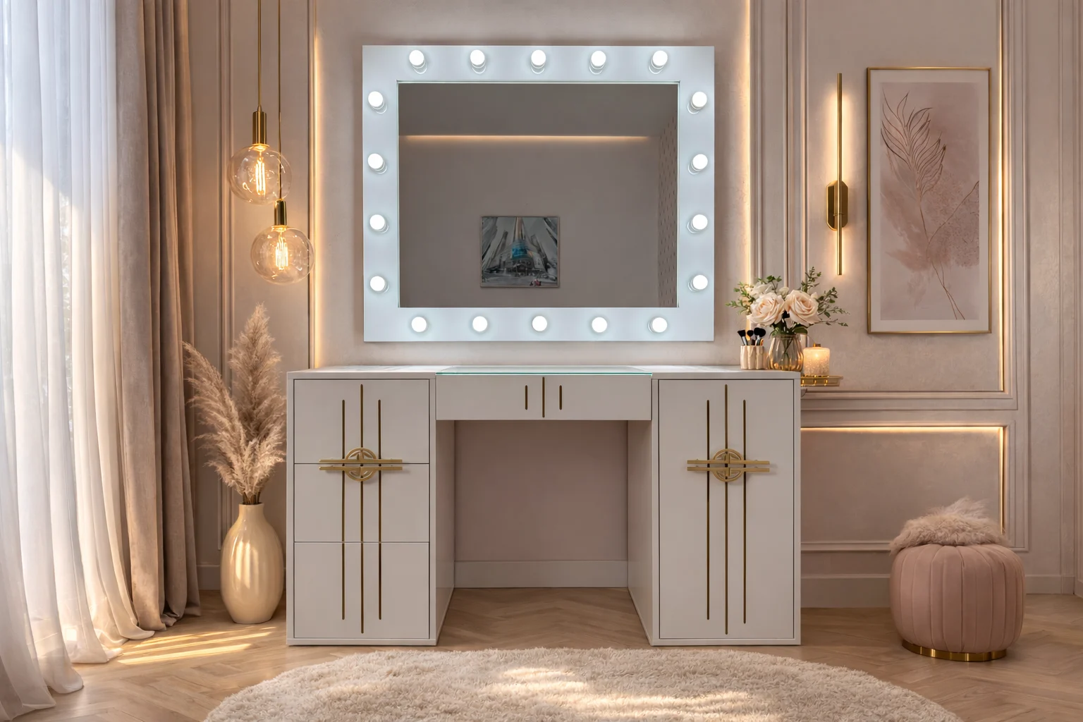 Tocador Blanco Glam con Detalles Dorados